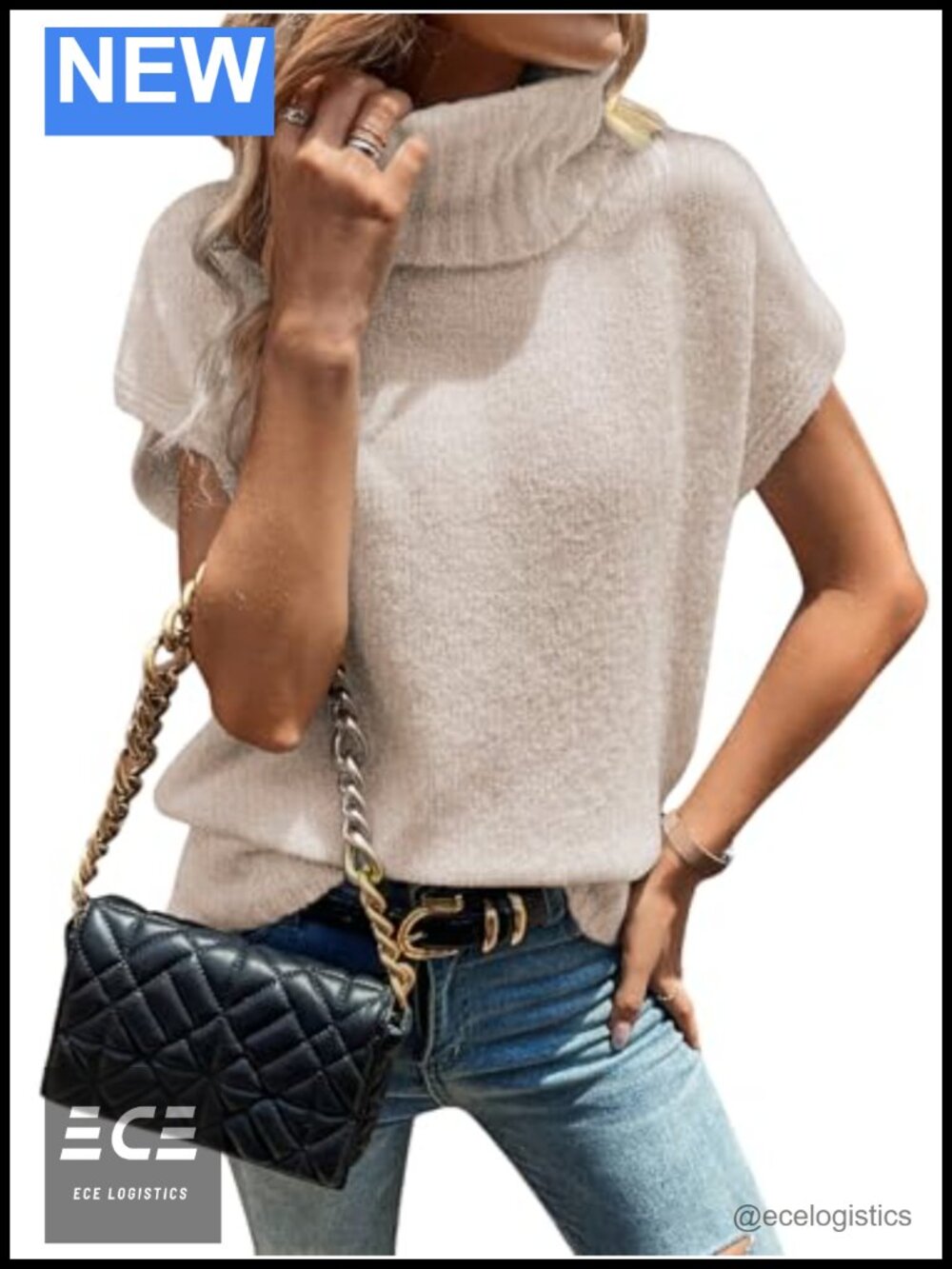 Turtleneck Cap Sleeve Sweater Vest Oversized Knit Pullover Top